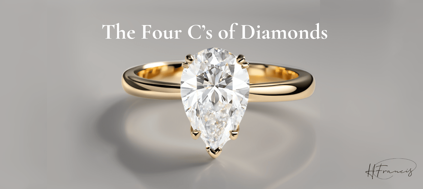Close-up of pear-shaped diamond solitaire ring showcasing a pear-cut brilliant diamond in a polished yellow gold band on grey background