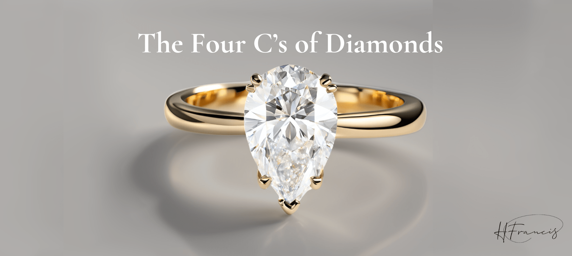 Close-up of pear-shaped diamond solitaire ring showcasing a pear-cut brilliant diamond in a polished yellow gold band on grey background