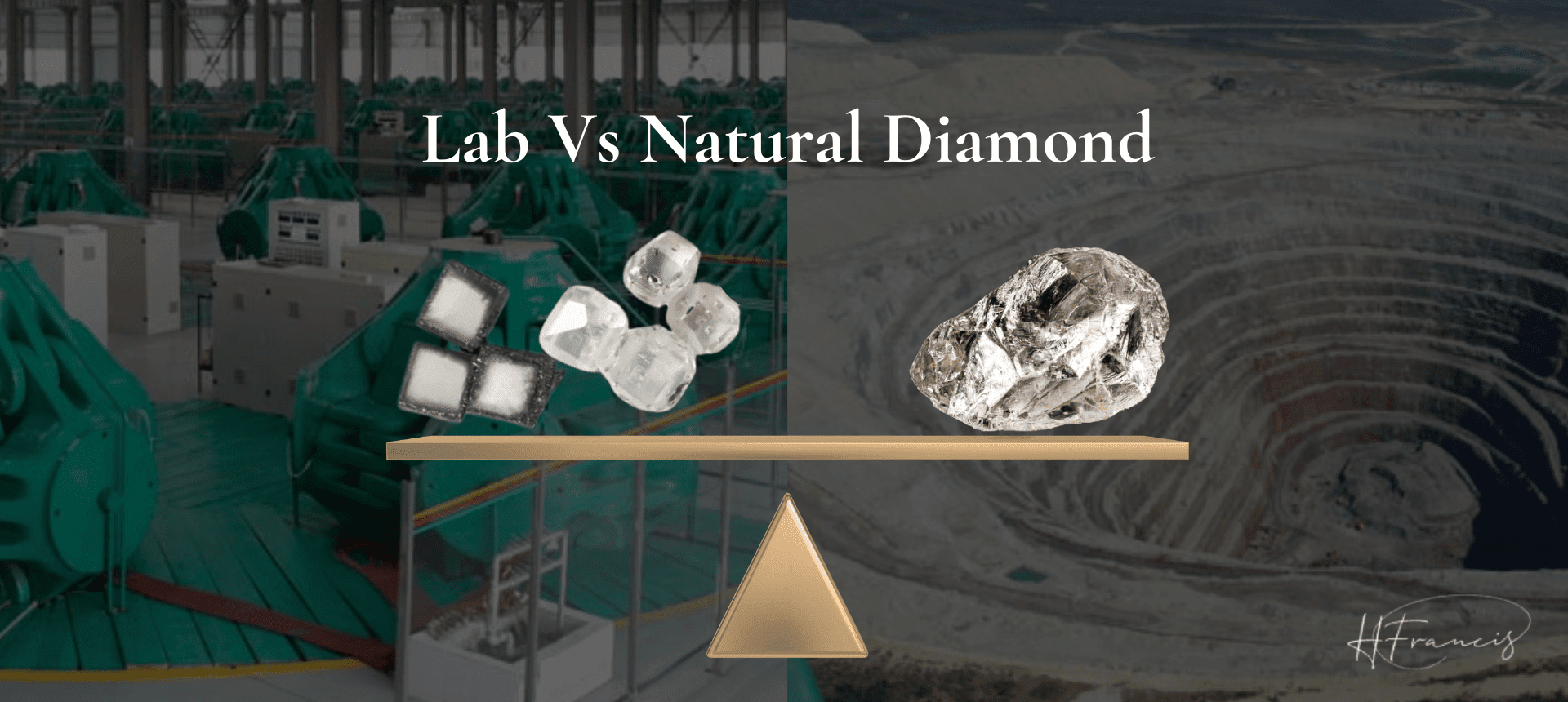 Comparison graphic showing lab-grown diamond crystals balanced against a rough mined diamond on a scale over split lab and open-pit mine background, headline Lab Vs Natural Diamond