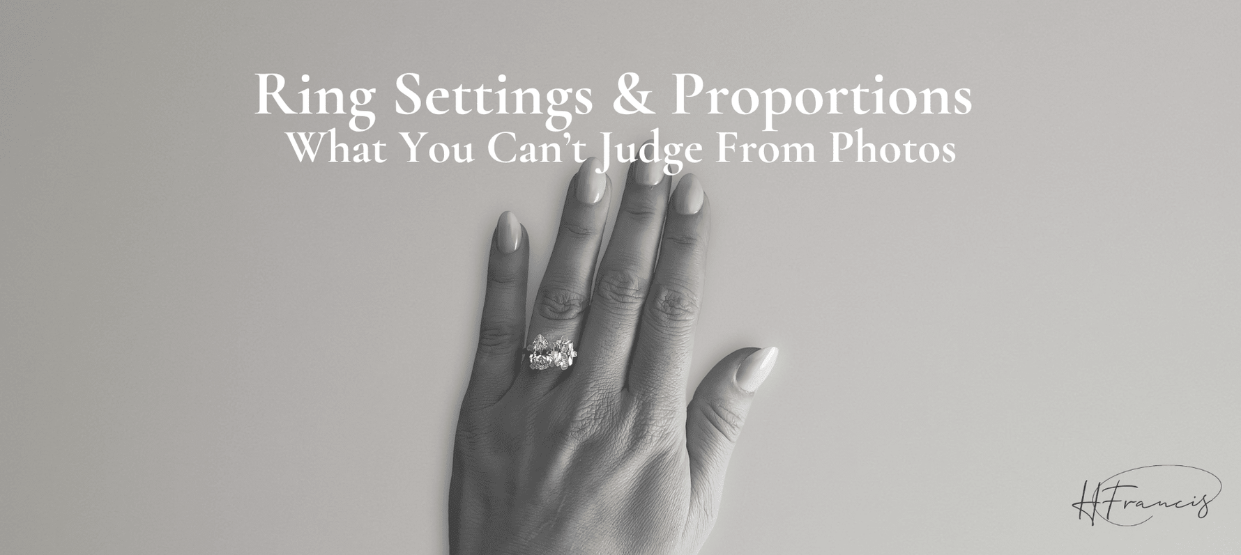 Hand wearing a diamond engagement ring on a neutral background; article header about ring proportions