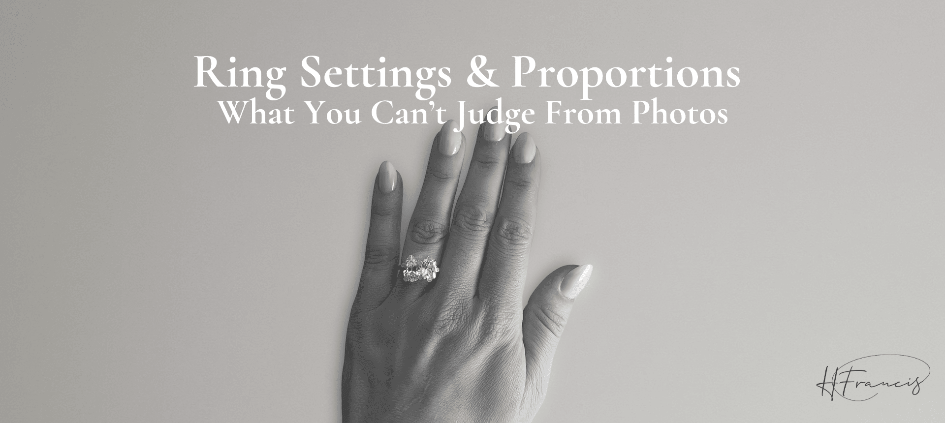 Hand wearing a diamond engagement ring on a neutral background; article header about ring proportions