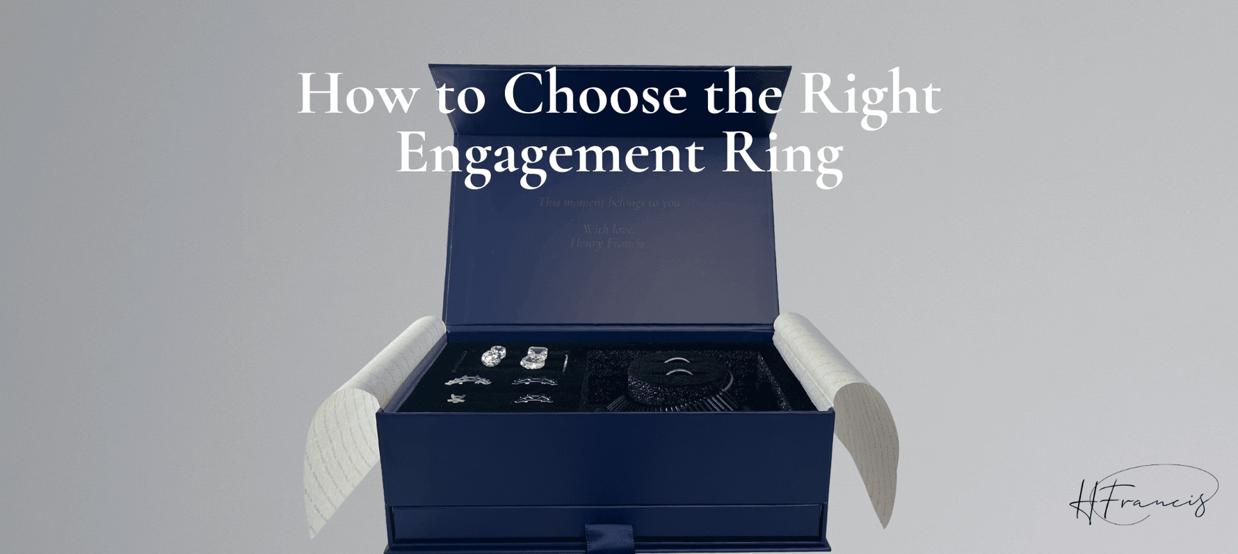 Navy jewelry box with ring and loose stones; visible text: How to Choose the Right Engagement Ring