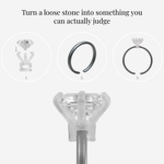 Three-step diagram showing a loose stone placed in a replica setting, an adjustable band, and a completed try-on ring, with the text “Turn a loose stone into something you can actually judge.”