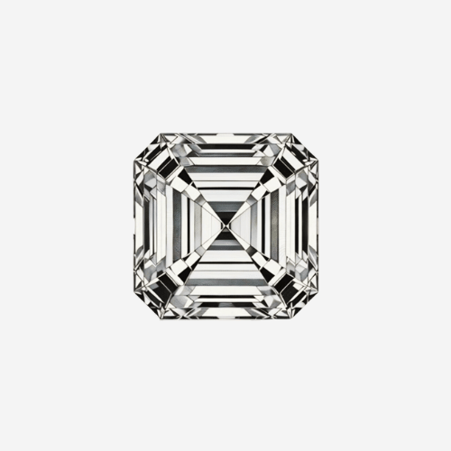 Top view of Asscher cut diamond showing square shape, cropped corners, and step-cut facets on white background