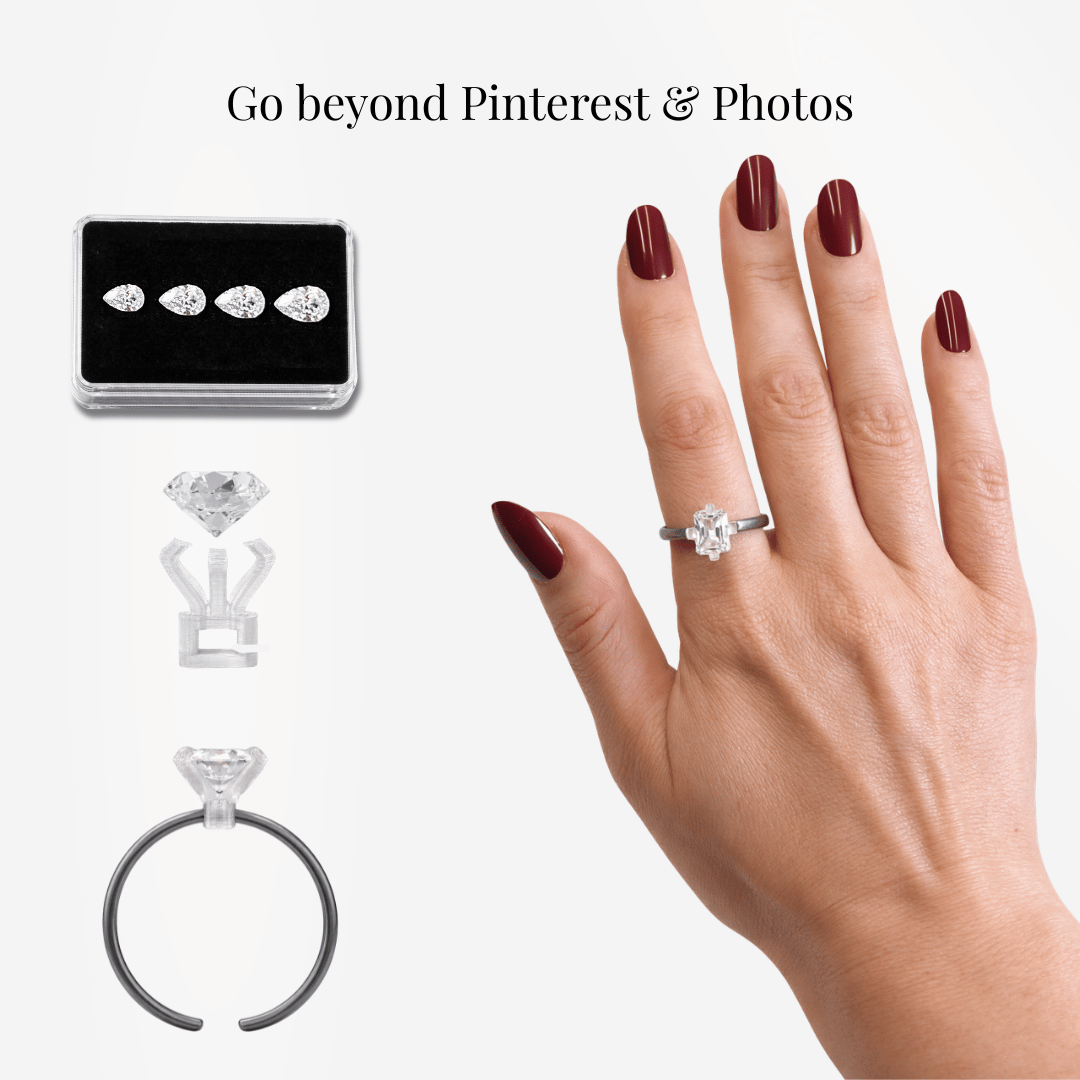 Hand wearing a diamond engagement ring with an emerald-cut stone, beside adjustable try-on band and replica stones with the headline “Go beyond Pinterest & Photos.”