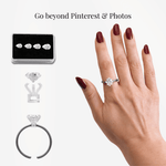 Hand wearing a diamond engagement ring with an emerald-cut stone, beside adjustable try-on band and replica stones with the headline “Go beyond Pinterest & Photos.”