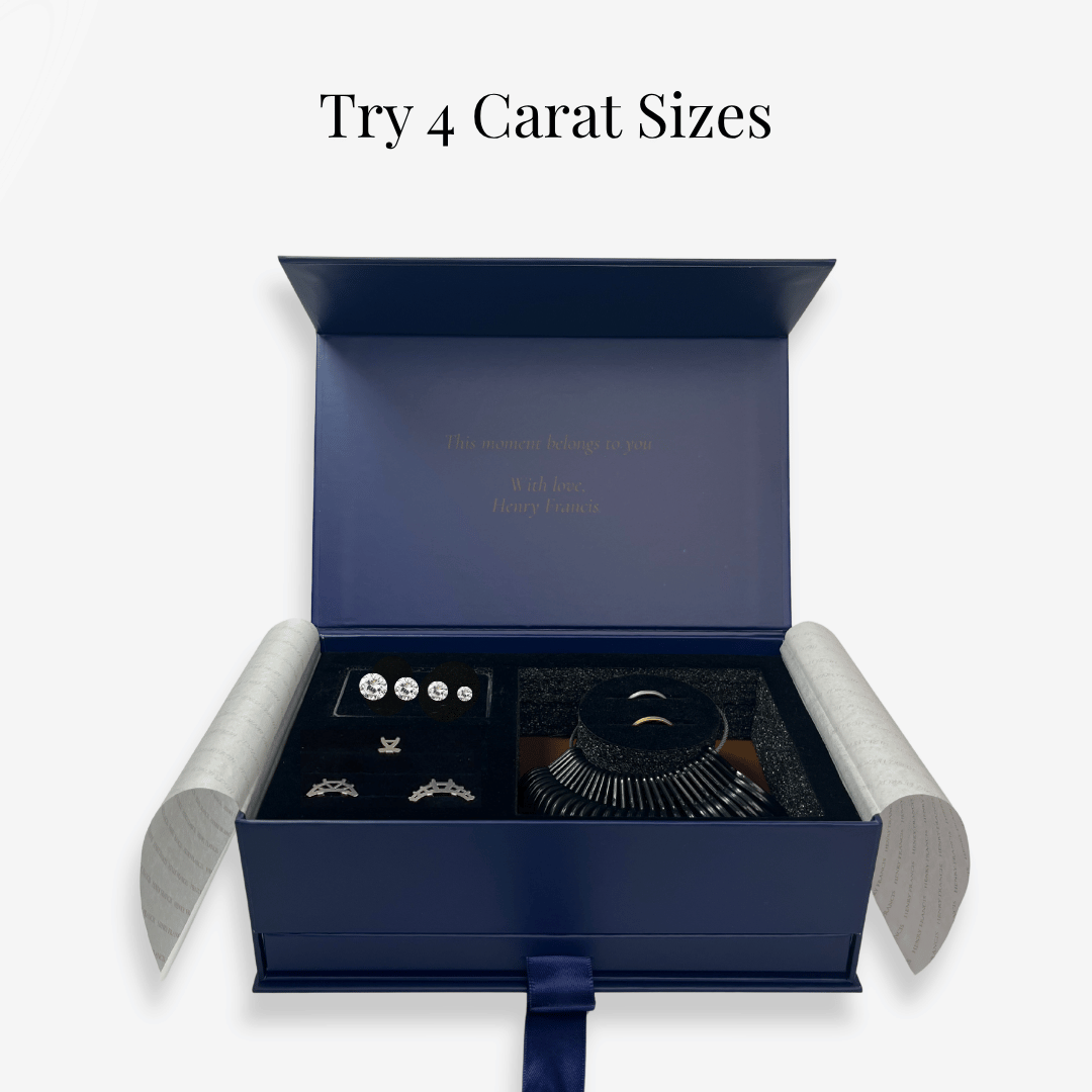 Open navy ring try-on kit box showing four carat-size stone replicas arranged in slots, along with adjustable try-on bands and a ring sizer, with the headline “Try 4 Carat Sizes.”