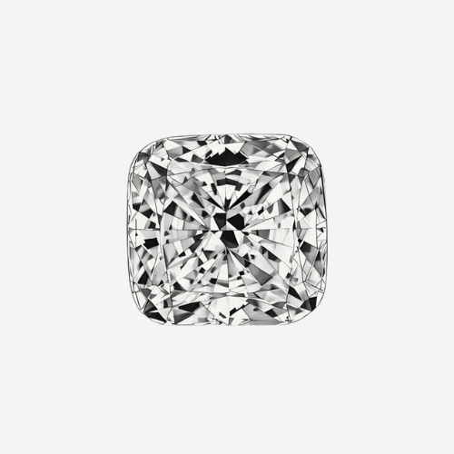 Top view of Cushion try-on stone replica showing cushion-cut faceting and proportions on a light gray background