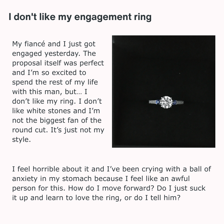 Text graphic explaining common reasons people dislike their engagement ring after purchase