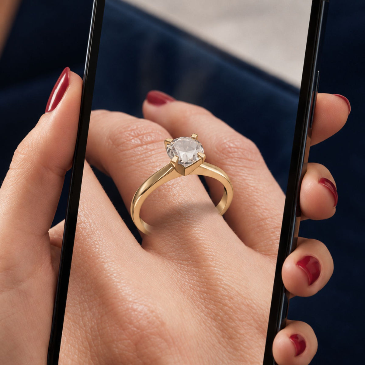 A gold solitaire ring on the hand, framed by a phone screen