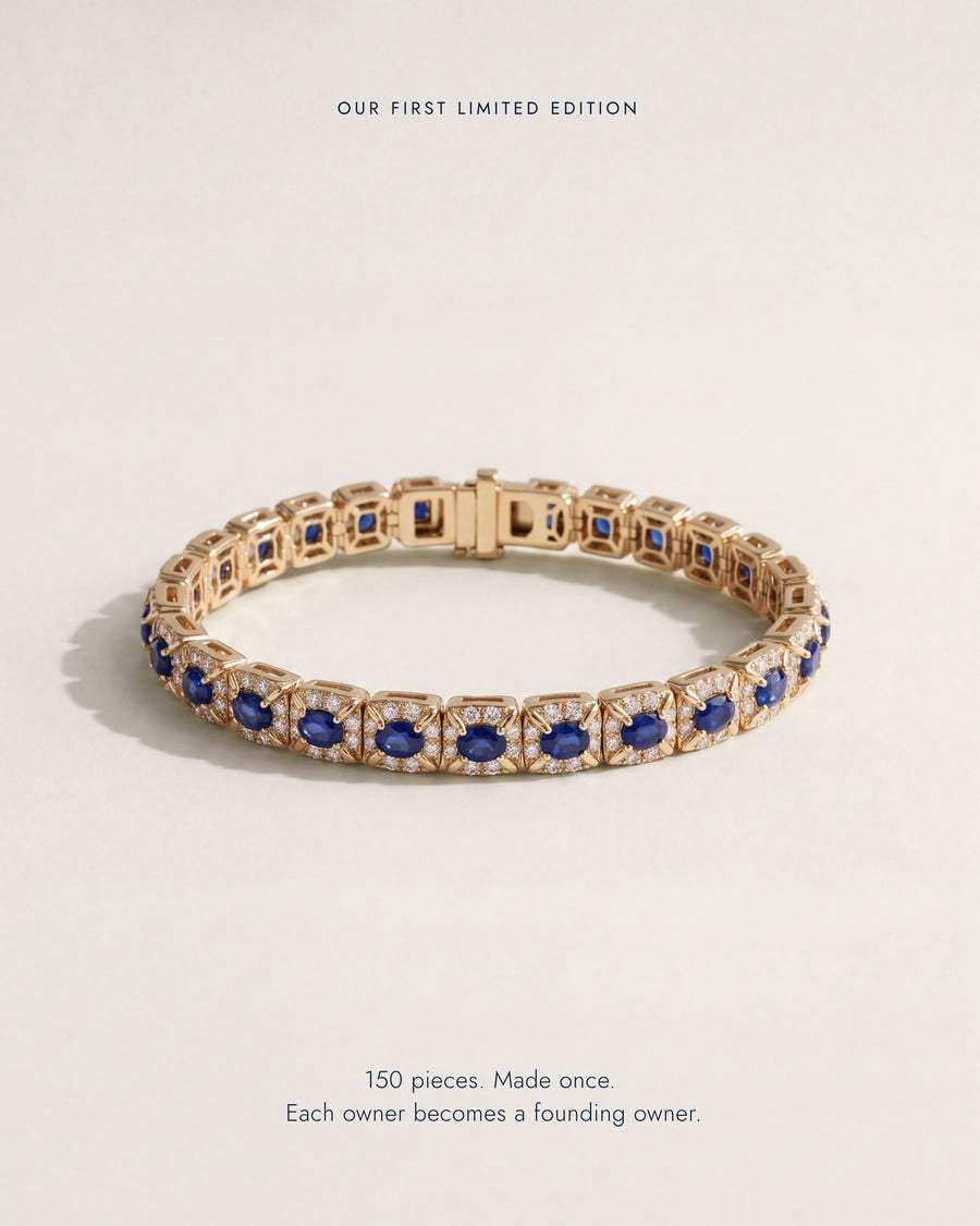 Oval Sapphire Halo Bracelet under the words "Our first limited edition. 150 pieces. Made once. Each owner becomes a founding owner."