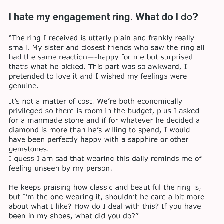 Text graphic describing the emotional impact of choosing the wrong engagement ring