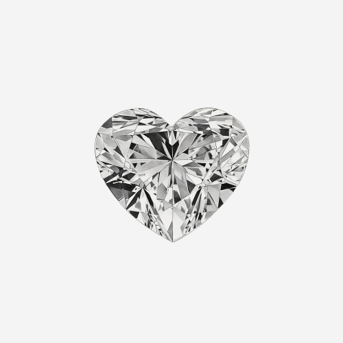 Centered front view of heart shaped diamond showcasing multifaceted cut and brilliance on light gray background