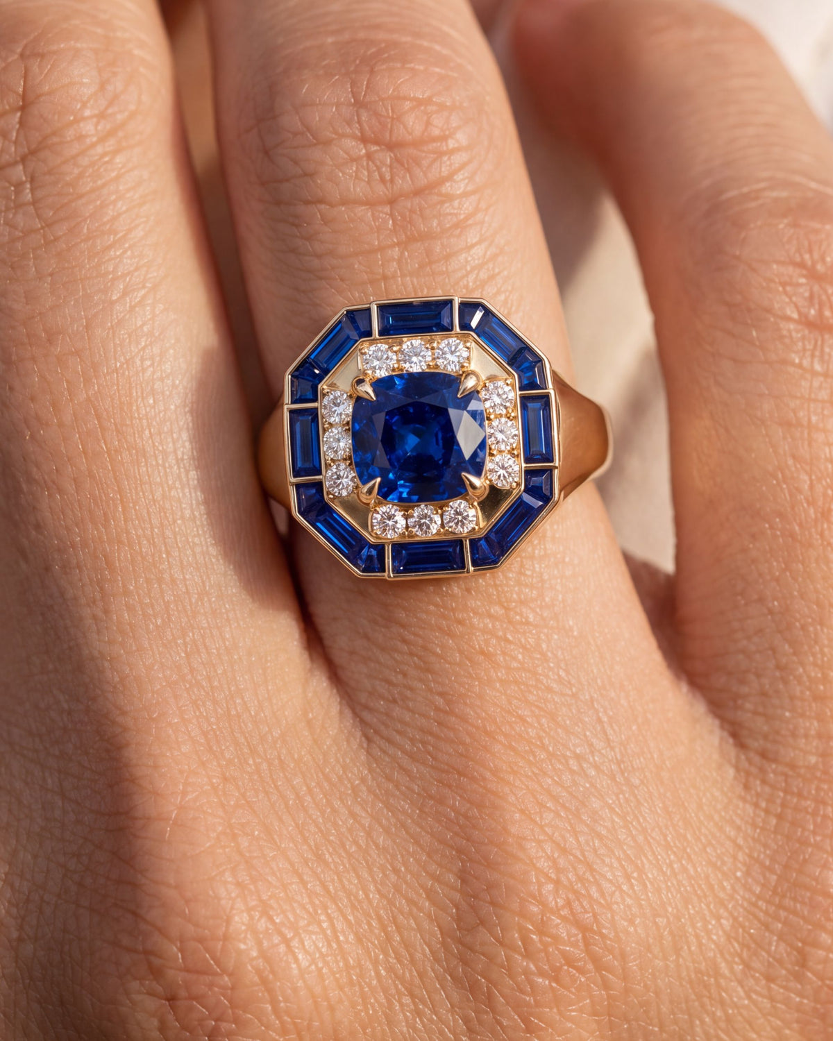 Octagon Sapphire Signet Ring worn on the hand