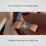 Hands wearing multiple ring options to compare engagement ring sizes and shapes at home