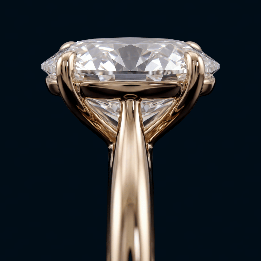 Side view of Ring Try-On Kit ring showing a large cushion cut diamond in a four-prong rose gold setting on dark background