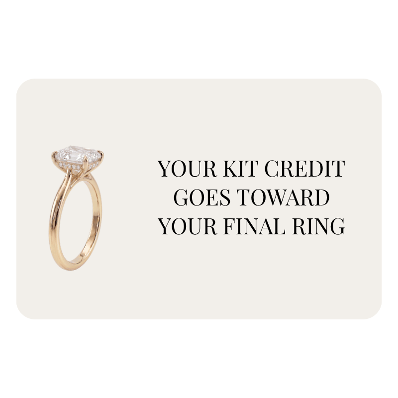 Promotional banner showing the text ‘YOUR KIT CREDIT GOES TOWARD YOUR FINAL RING’ with a gold engagement ring on a cream background