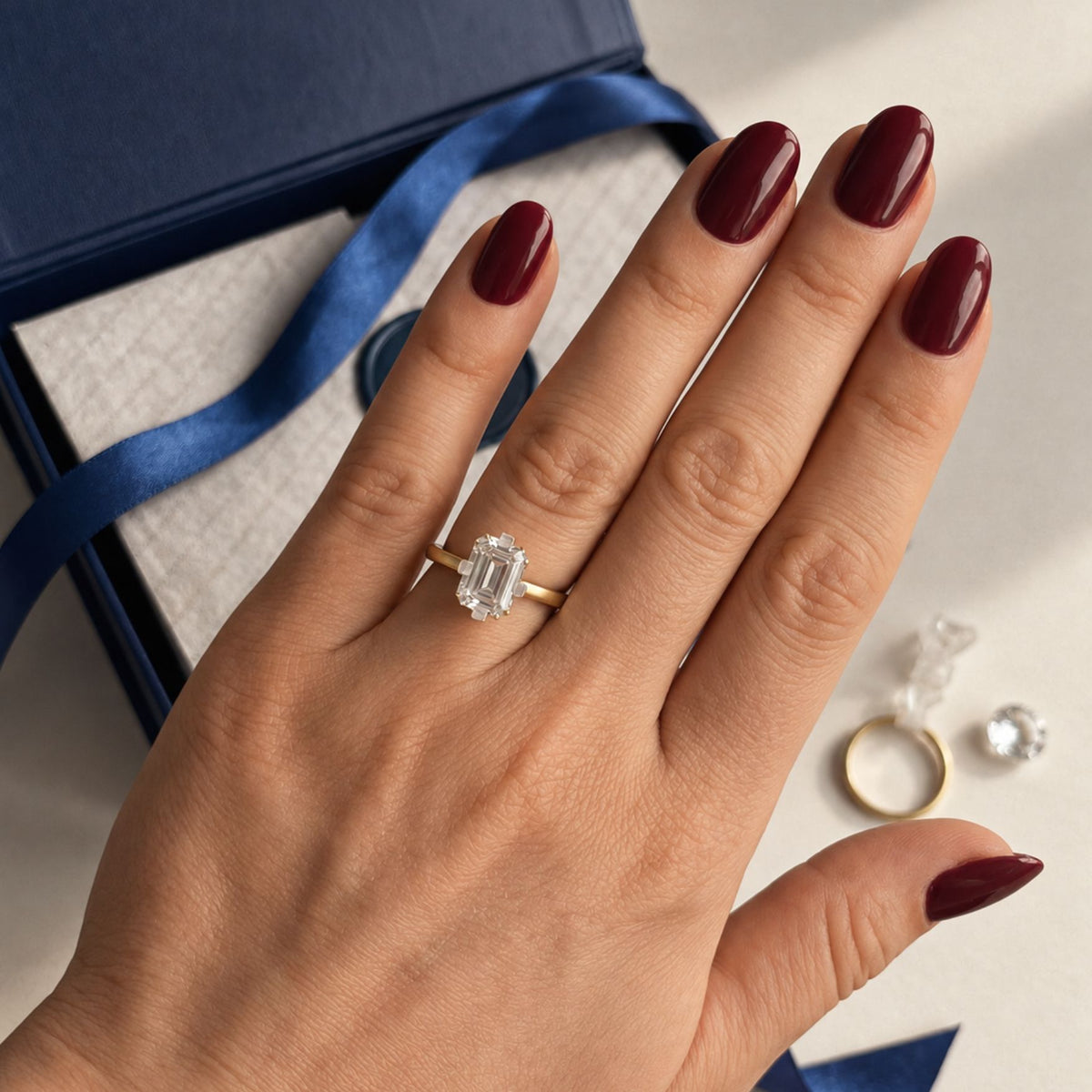 An emerald-cut try-on ring on the hand, with the open kit and try-on stones beside it