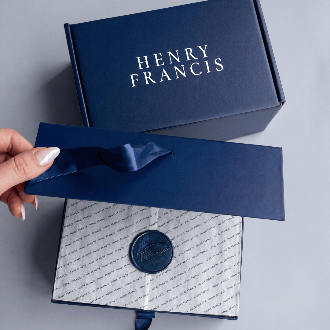 Top-down view of Ring Try-On Kit navy box being opened, showing Henry Francis logo on lid, logo-printed tissue, navy wax seal, and ribbon pull on a light gray background