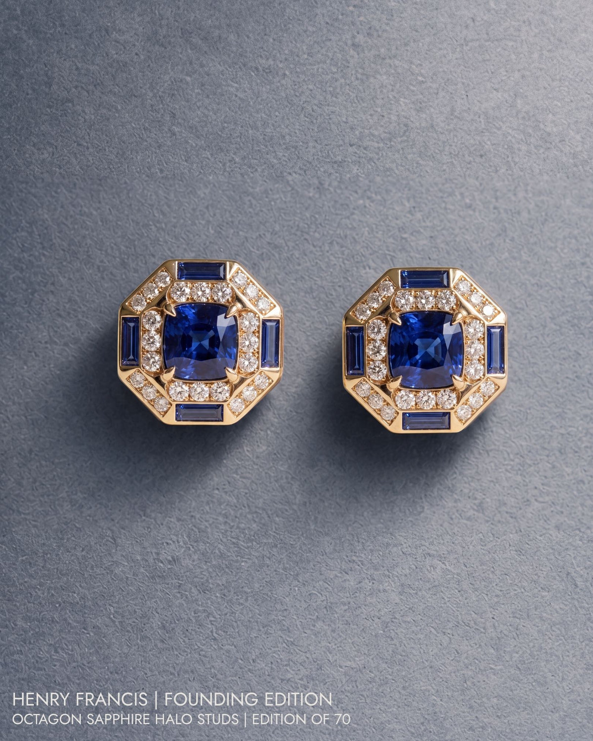 Octagon Sapphire Halo Studs from Archive I, cushion blue sapphires framed in diamonds and sapphire baguettes, on blue-grey paper