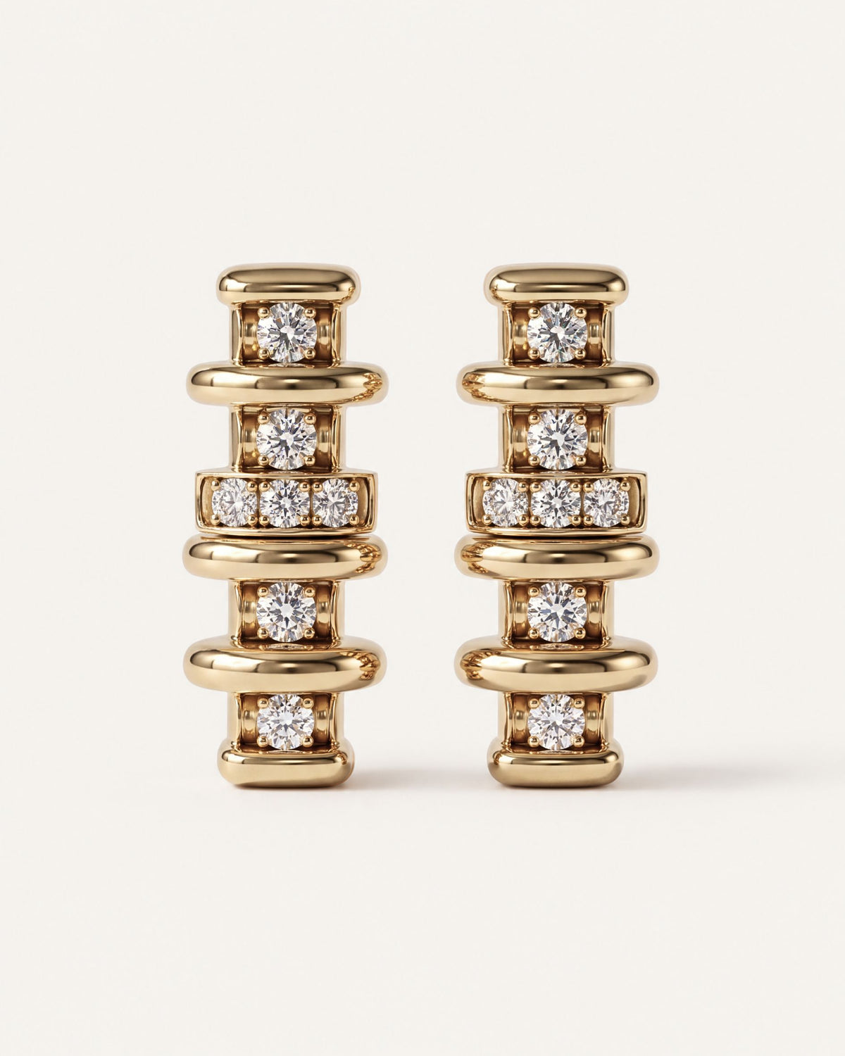 Linear Diamond Bar Drop Earrings in 14k yellow gold, seven round diamonds in each drop set between polished gold bars