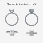 Comparison image showing a finished diamond ring and a neutral gray 3D-printed replica of the same design, with the text “Make sure the final ring feels right” above
