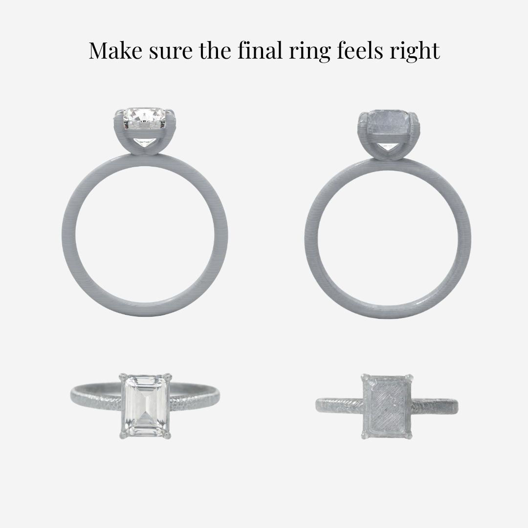 Comparison image showing a finished diamond ring and a neutral gray 3D-printed replica of the same design, with the text “Make sure the final ring feels right” above
