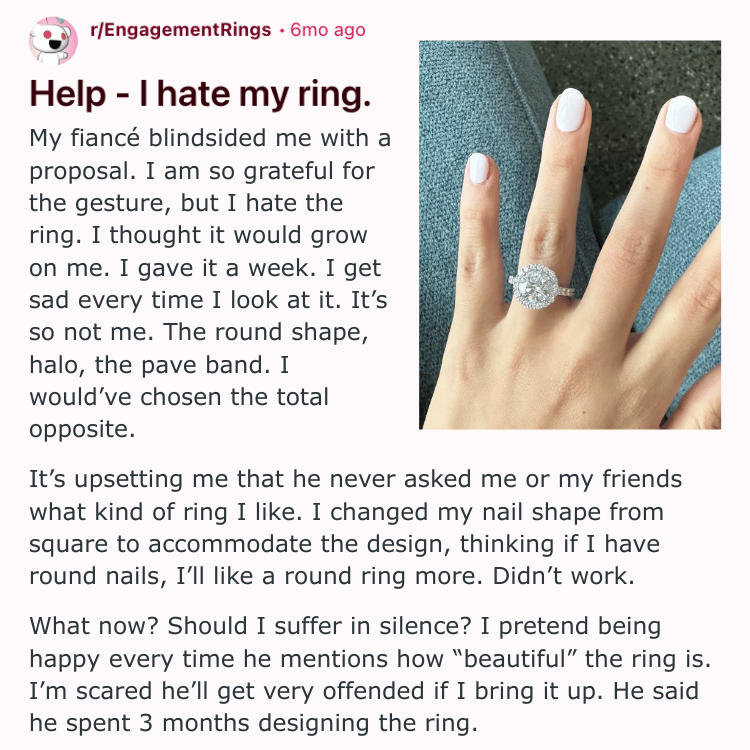 Graphic explaining how choosing an engagement ring without trying it on can result in a style that does not suit the wearer