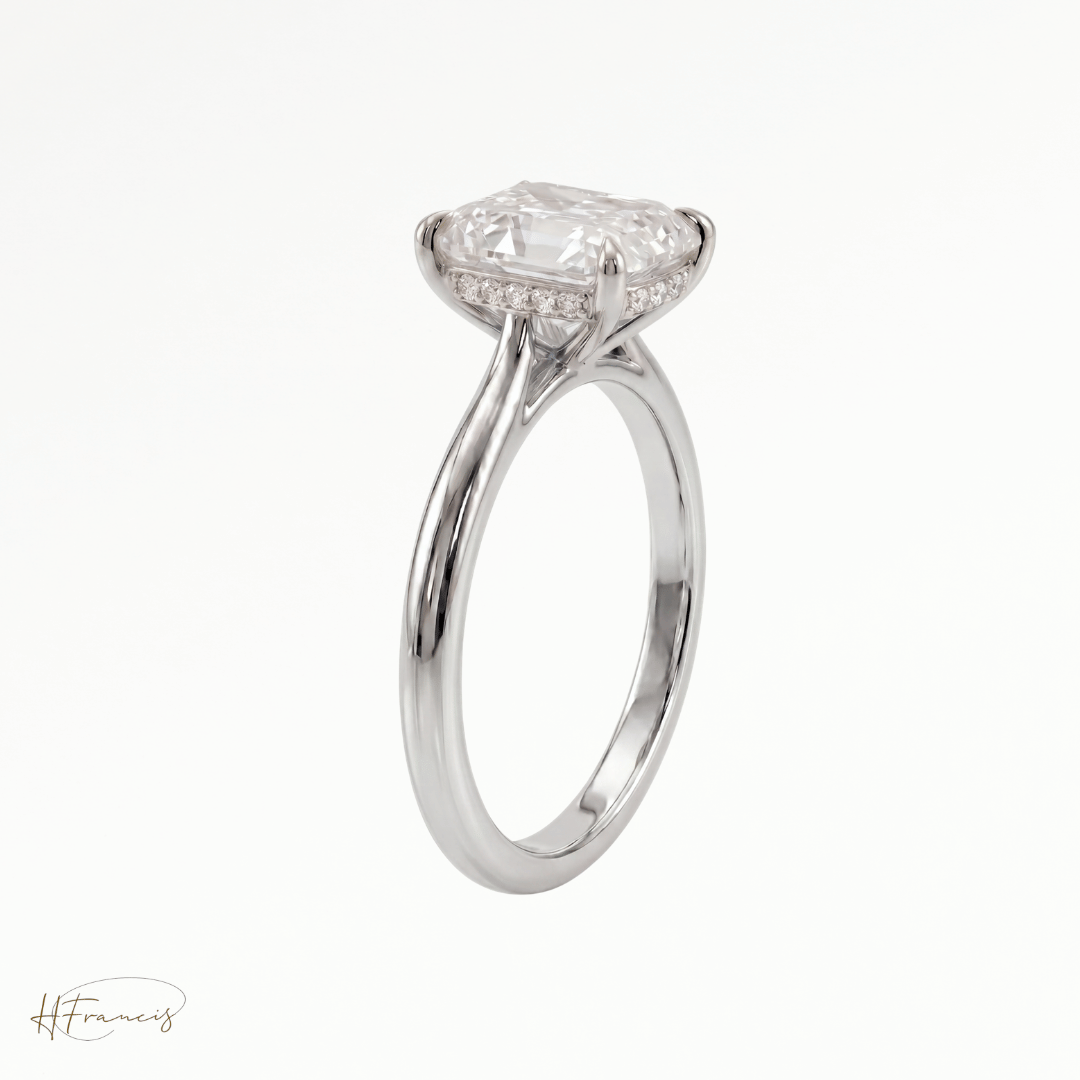 Radiant Cathedral Hidden Halo solitaire engagement ring in Platinum 