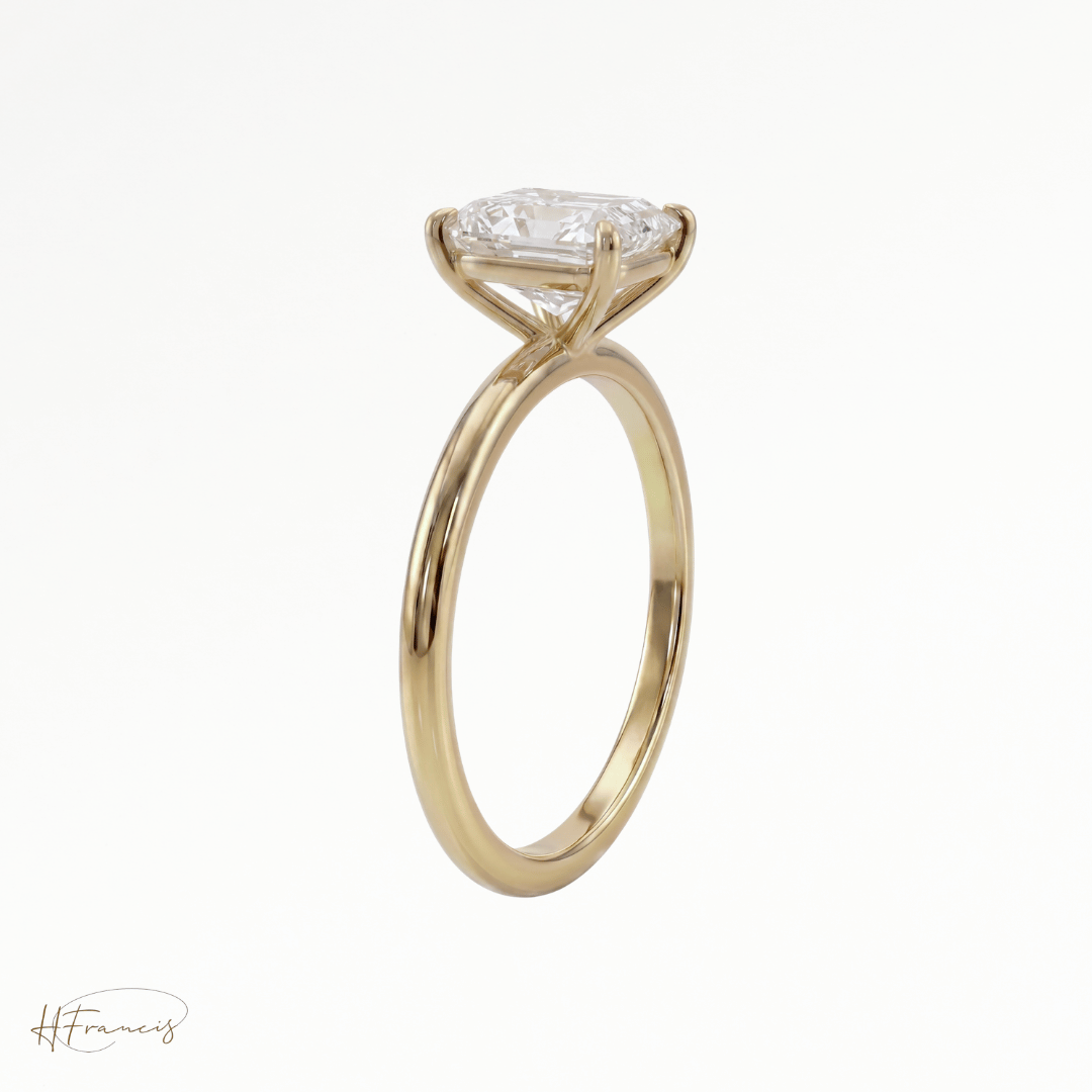 Radiant classic solitaire engagement ring in 18k yellow gold side view 