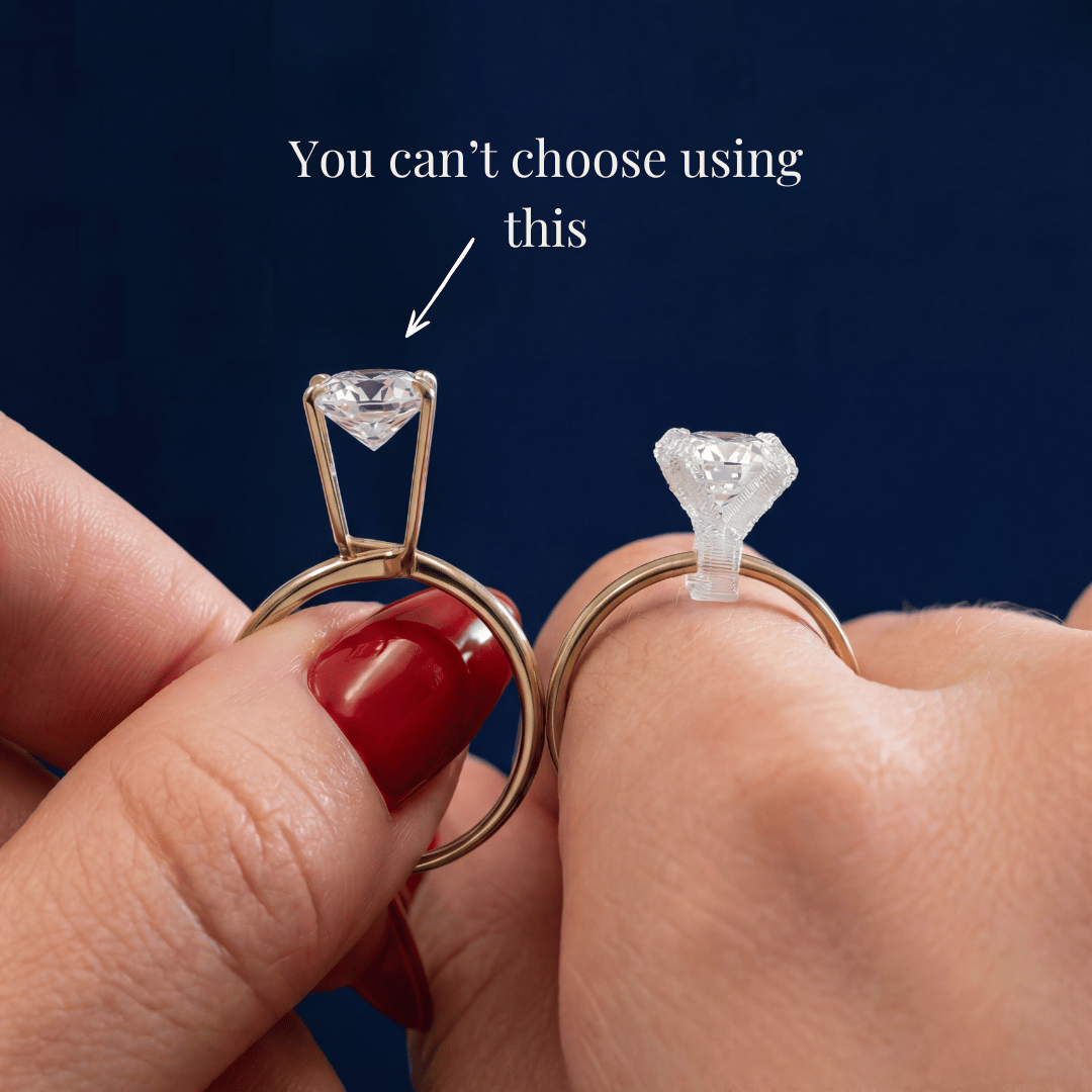 Hands holding two ring samples — metal prong setting next to clear plastic mock-up, caption “You can’t choose using this” on navy background