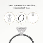Illustration showing 'Turn a loose stone into something you can actually judge' and three-step assembly of a Ring Try-On Kit
