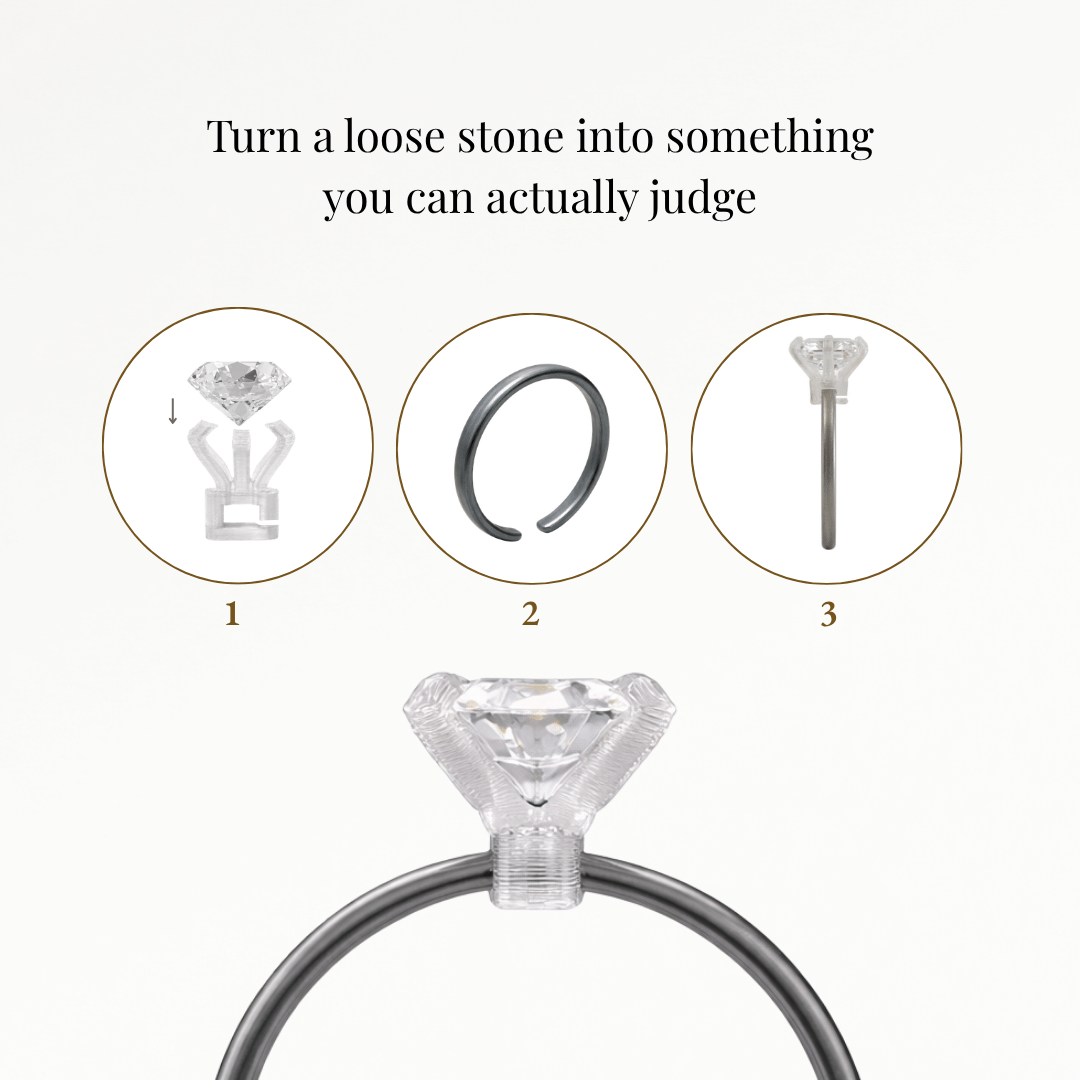 Illustration showing 'Turn a loose stone into something you can actually judge' and three-step assembly of a Ring Try-On Kit