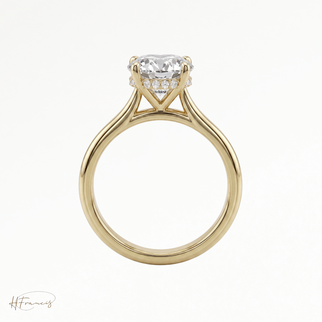 Round Cathedral Hidden Halo solitaire engagement ring in 18k yellow gold 