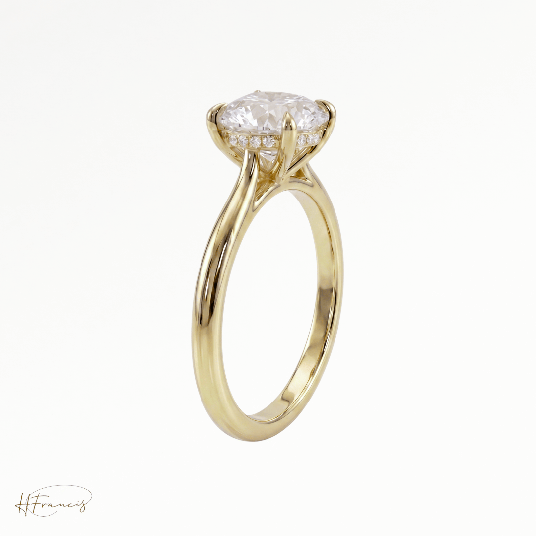 Round Cathedral Hidden Halo solitaire engagement ring in 18k yellow gold 