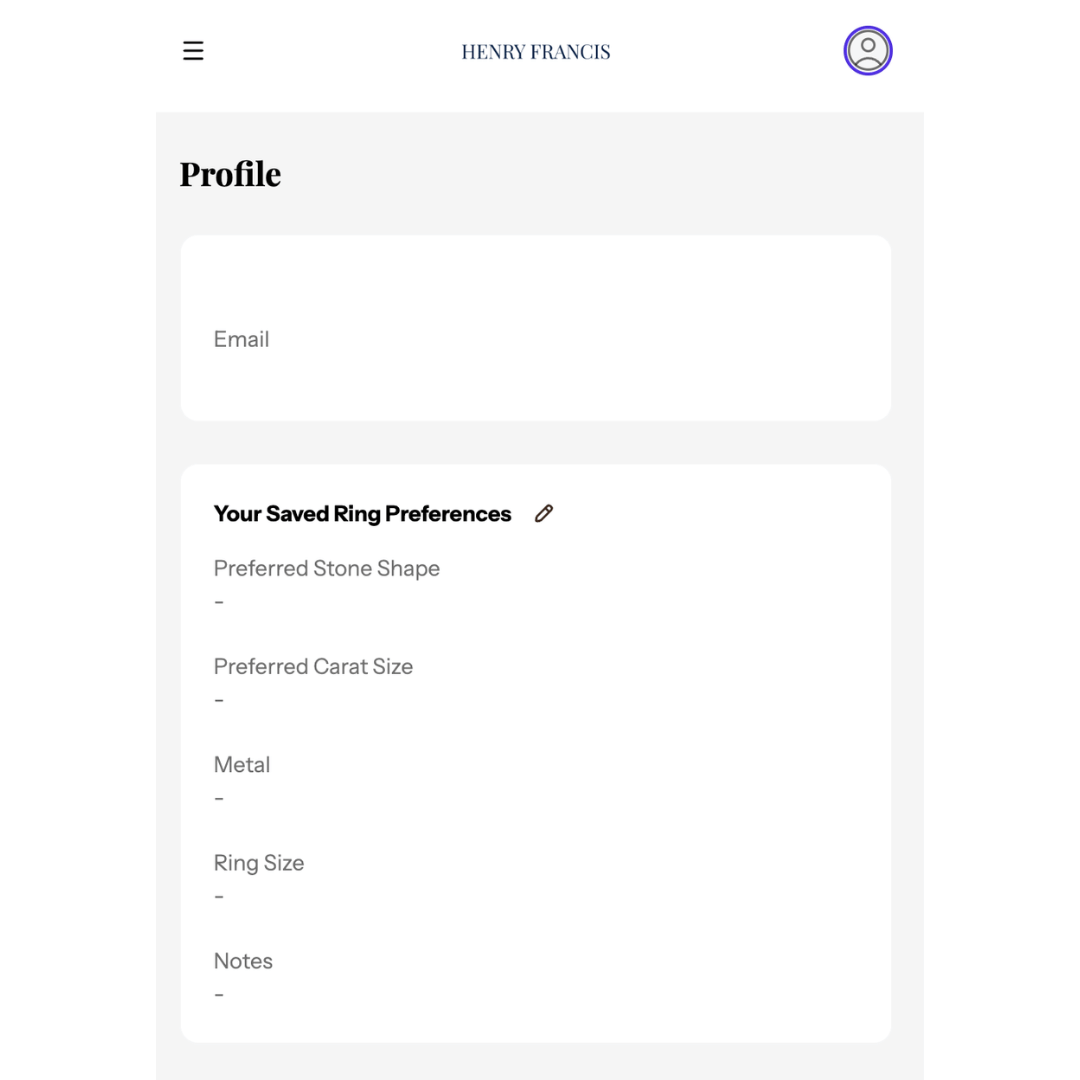 Profile page screenshot showing Your Saved Ring Preferences card with fields for preferred stone shape, preferred carat size, metal, ring size, and notes (all empty)