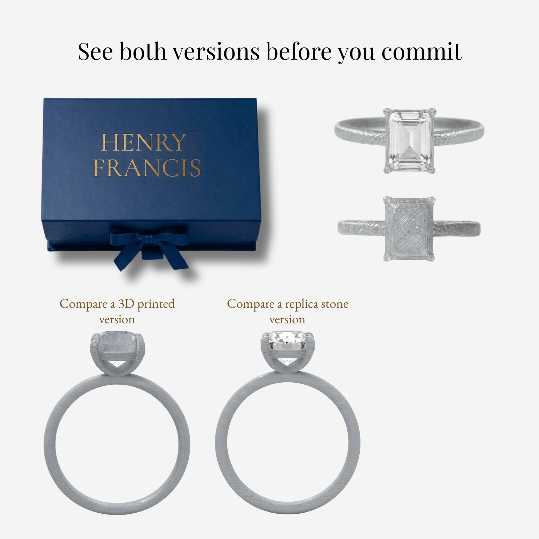 See both versions before you commit showing two neutral grey rings for comparison: 3D-printed and replica-stone versions.