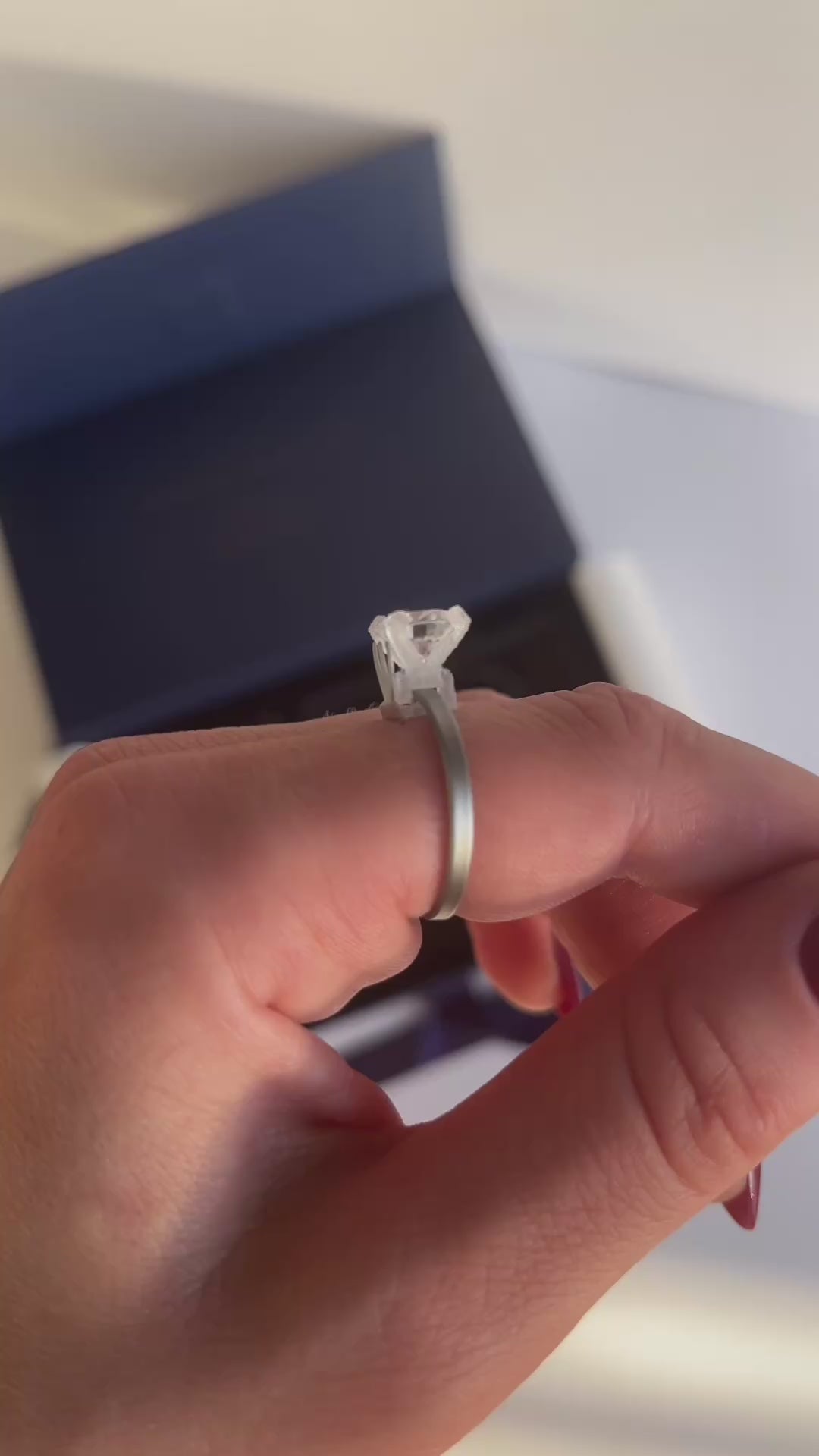 A try-on stone clipped onto a band and worn on the finger
