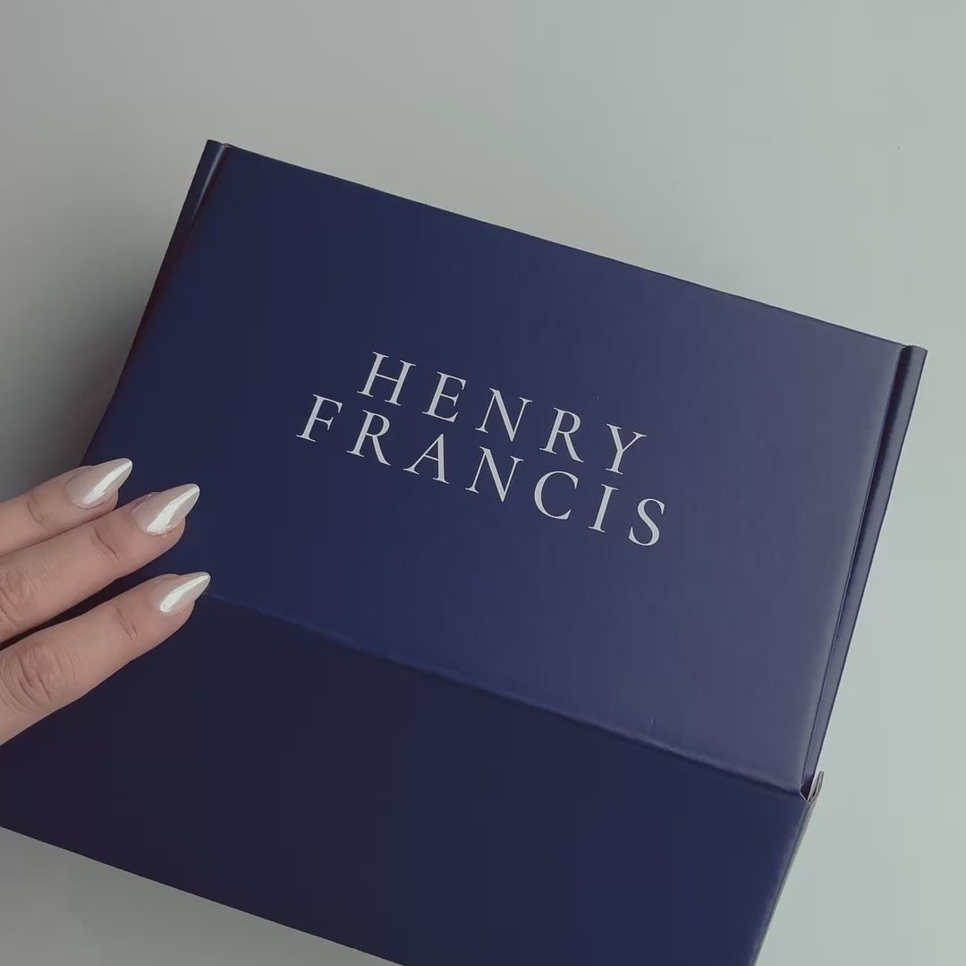 Top-down view of Henry Francis navy ring try-on kit box showing brand name on lid and hand with white almond-shaped nails